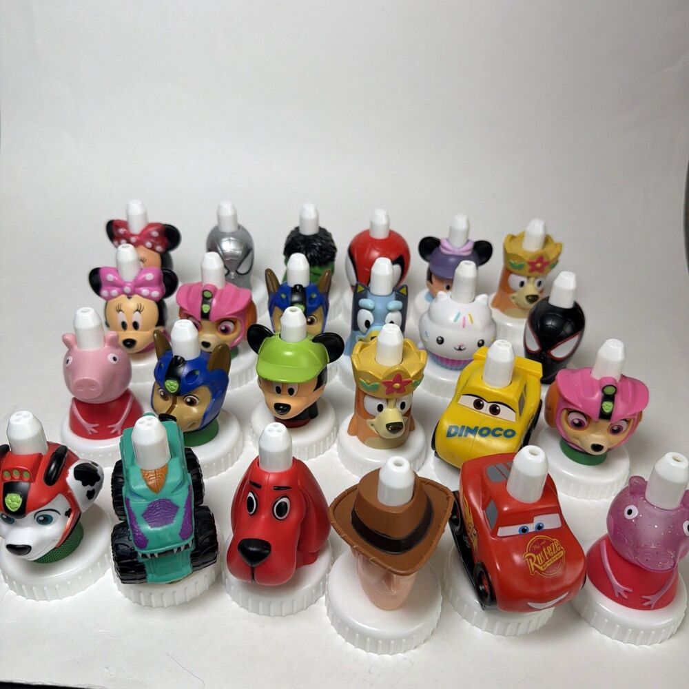 Lot of 24 Good 2 Grow Juice Toppers Paw Patrol,Cars,Minnie,hulk,bluey,Peppa Pig